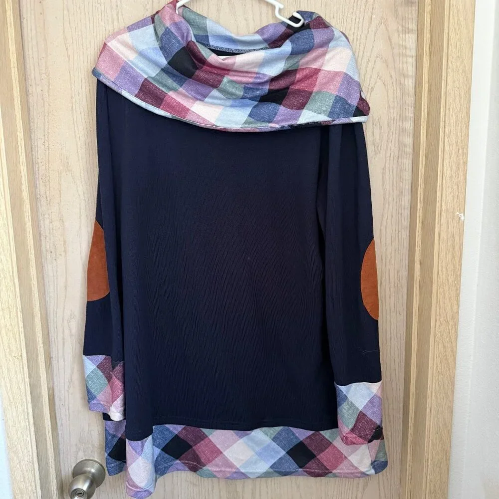 Cowl Neck LS Tunic Top XL Faux Suede Elbow Patches Plaid Cabincore Dark Academia